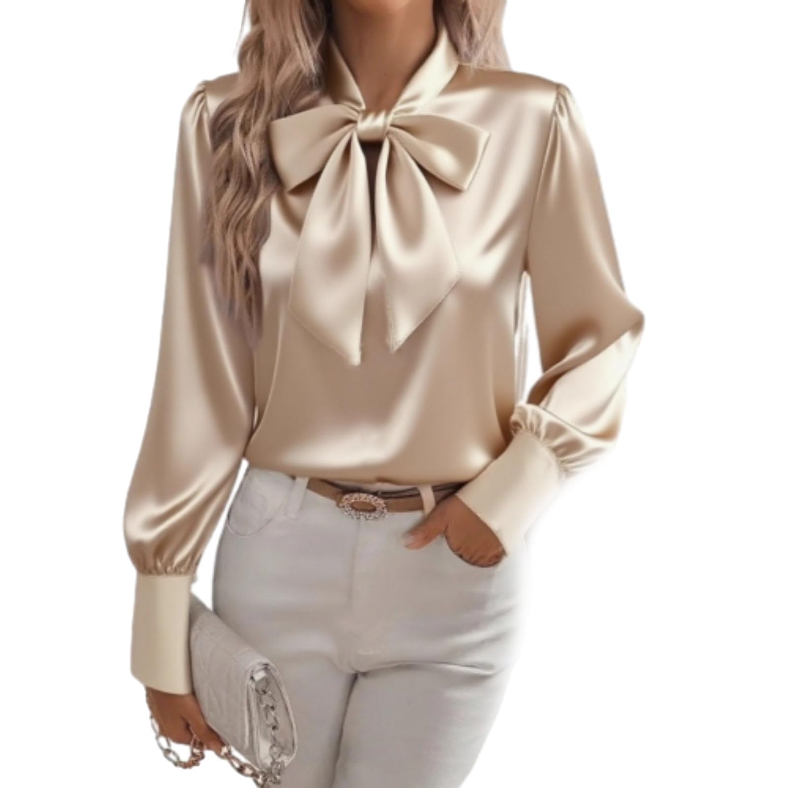 Camicie da donna in raso con fiocco, eleganti camicette di seta a maniche lunghe casual eleganti top da lavoro da donna 2025