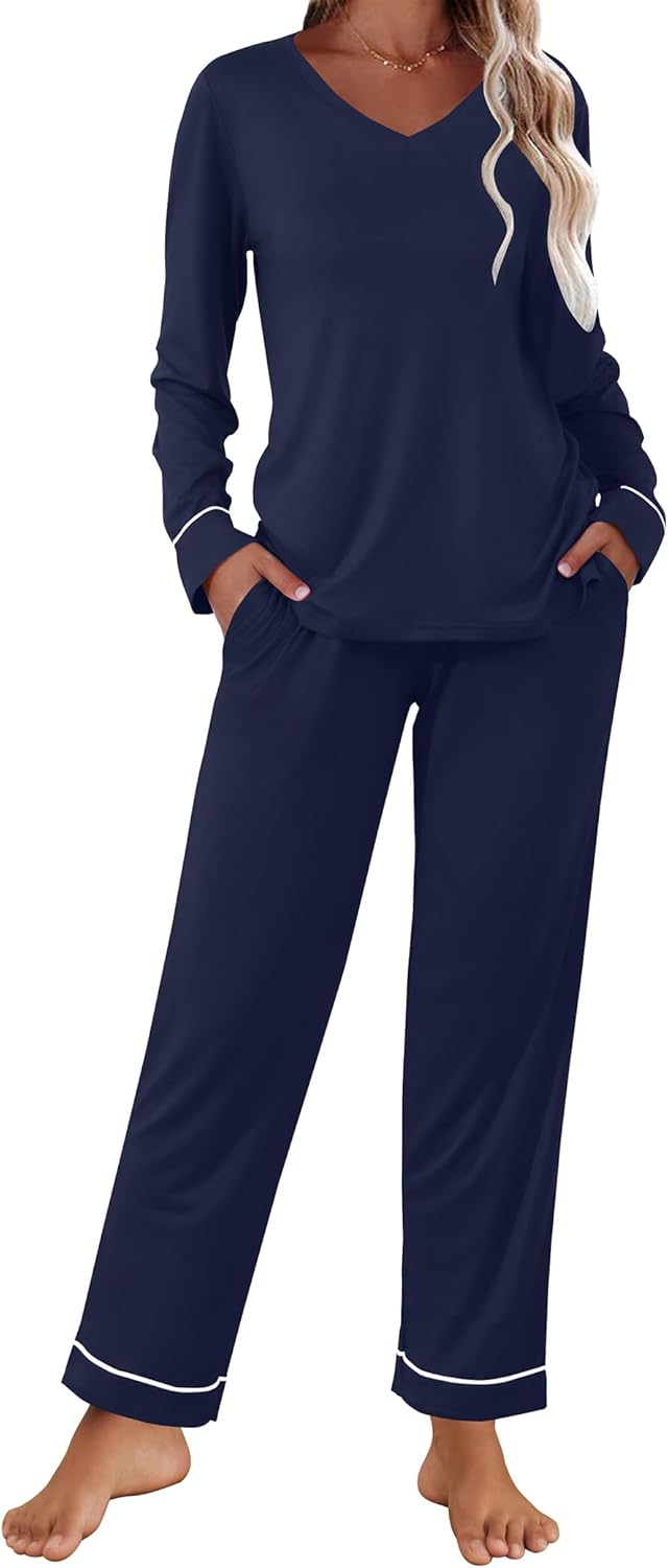 Ekouaer Womens Pajama Sets 2 piece Lounge Sets for Women V-neck Long Sleeve Top and Elastic Waist Pants with Pockets