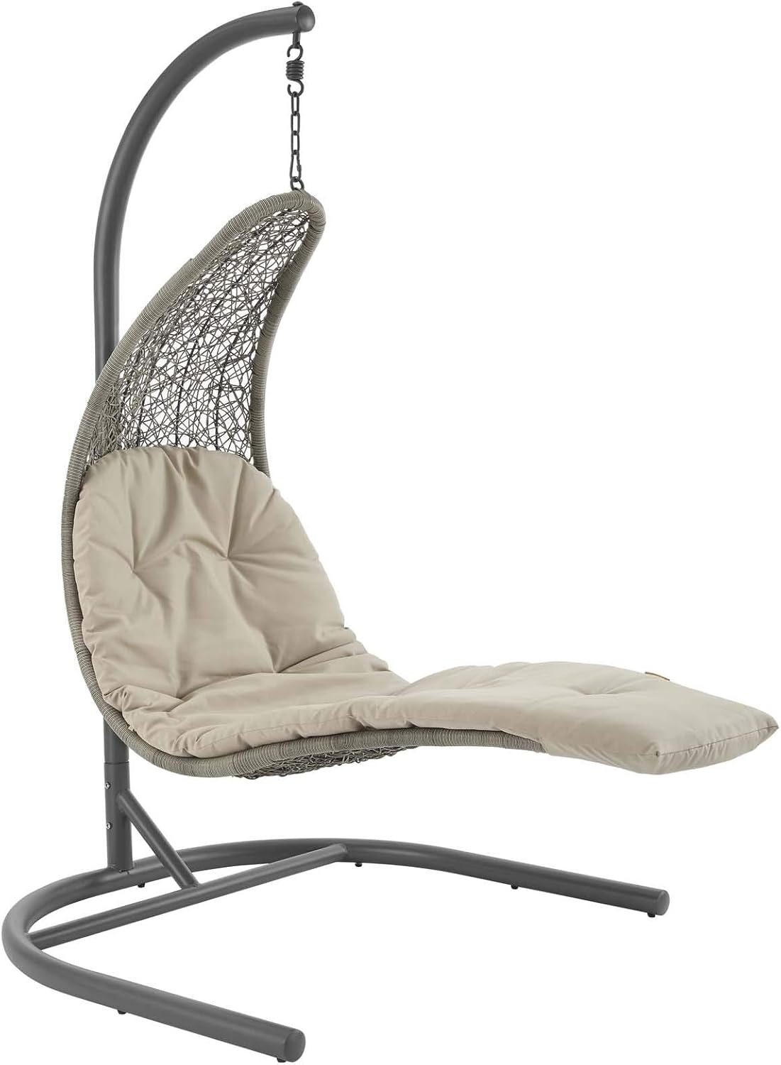 Modway Landscape Wicker Rattan Outdoor Patio Porch Chaise Lounge Hanging Swing Chair Set with Stand in Light Gray Beige