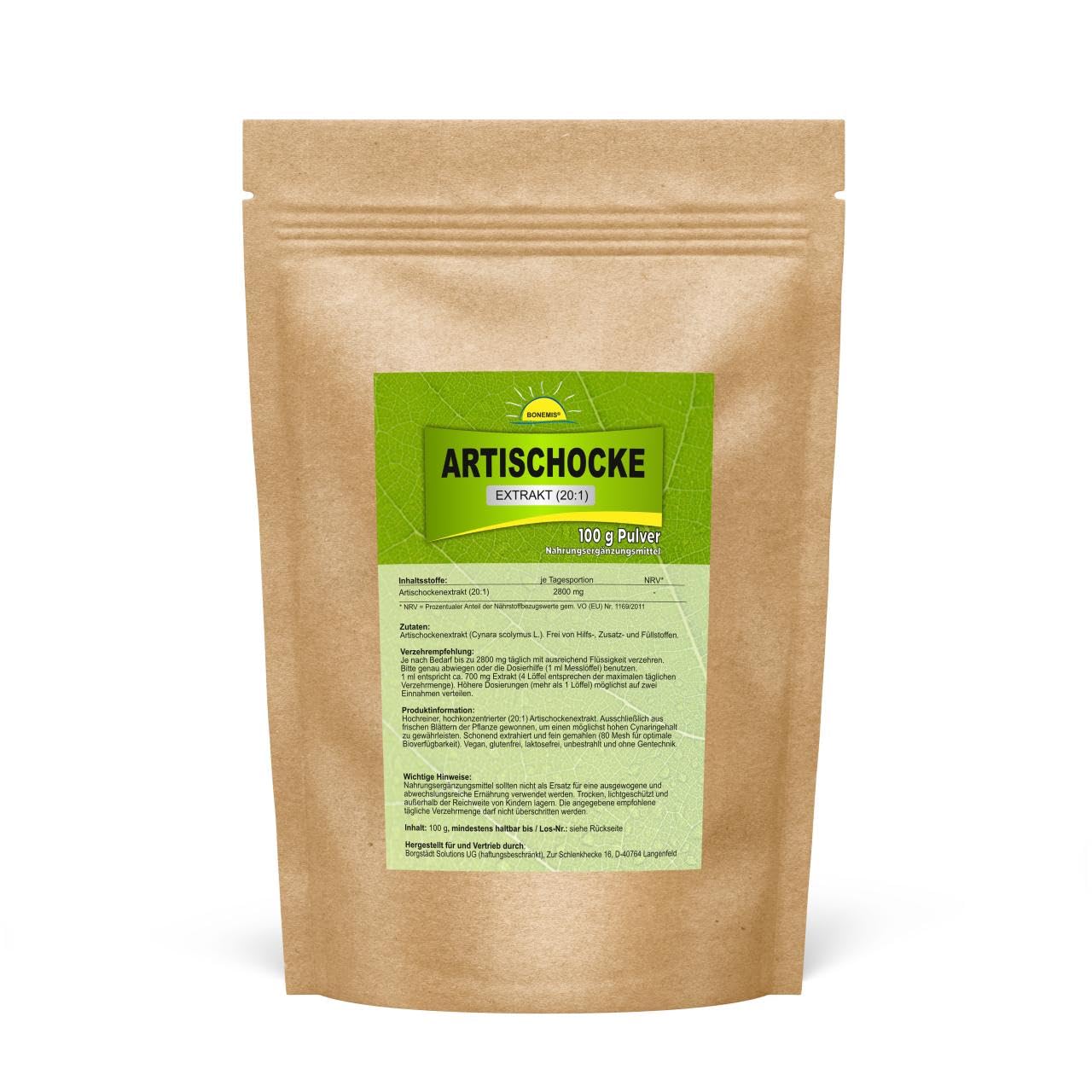 Artischockenextrakt (20:1), Premiumqualität ohne Zusätze, 100 g veganes Pulver im Beutel, Bonemis®