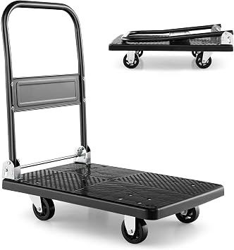 TANGZON Folding Push Cart Dolly, Rolling Flatbed Luggage Cart with 360  Swivel Wheels, Garage Warehouse Moving Platform Hand Push TruckBlack, 72 x 48 x 81cm, 200kg Capacity