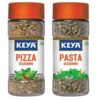 Keya Combo of Pizza Seasoning 45gm Pasta Seasoning 45gm All Natural Healthy Spice Blend for Pizza, Pasta More Glass Bottle Premium Herbs and Spices Contains Freeze dried herbs Pack 2