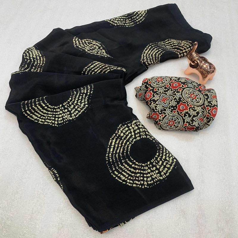 Image of SATIKA VASTRAM Modal Silk Ajrakh Saree Bandhani Design Crepe Printed Designer Pallu Attach Blouse Piece