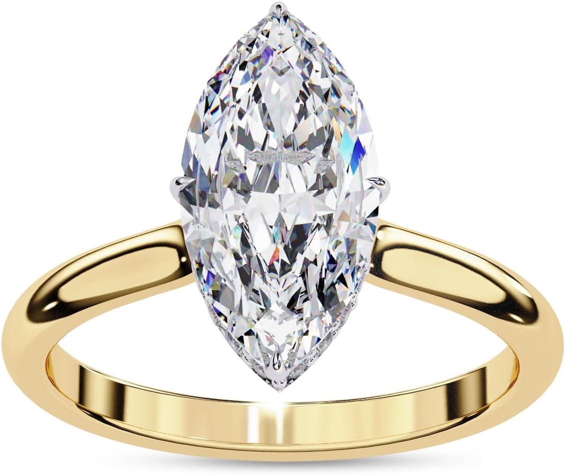 Solitaire Wedding Engagement Ring for Women | Center 12x6mm Marquise Cut Lab Created Moissanite Stackable Band Promise Rings in 10K / 14K Solid Gold or 925 Sterling Silver Jewelry Gift for Her