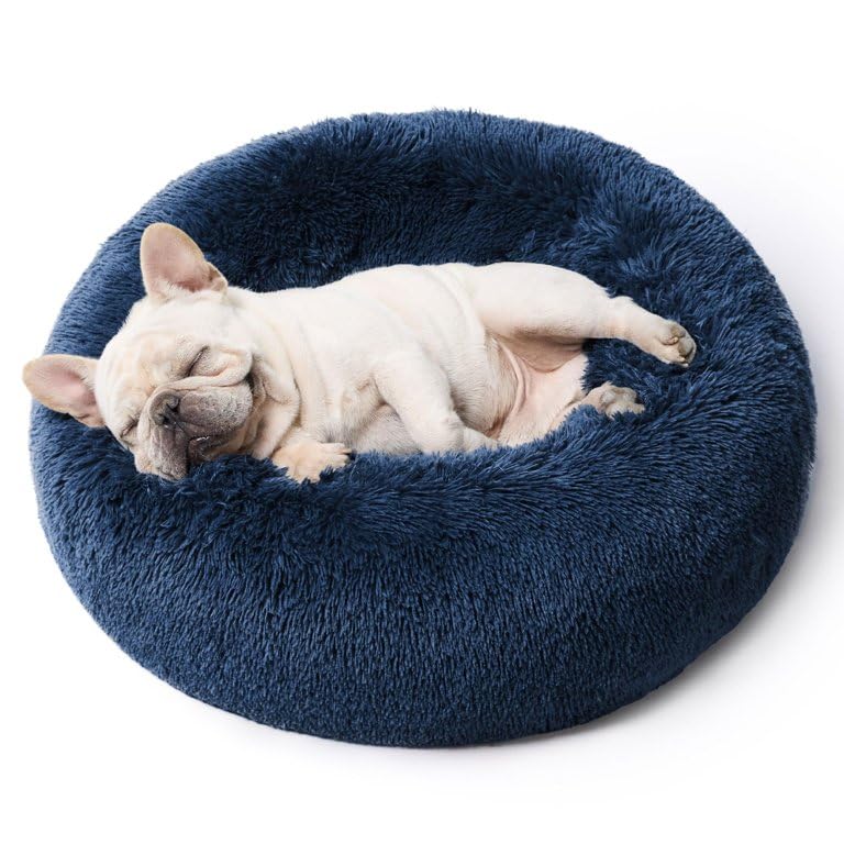 Image of ZEXSAZONE Calming Donut Dog Bed for Small & Medium Dogs, Ultra Soft Plush Pet Bed with Raised Rim Support, Anti-Slip Bottom, Washable Round Dog Bed for Puppy, Cat & Dogs (Navy Blue)
