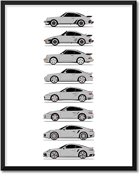 Idea Network Handmade Poster compatible with Porsche 911 Turbo Print Art Decor of 911 Turbo 930 964 993 996 997.1 991 992 Generations History - Silver 8x10 Satin Print Unframed
