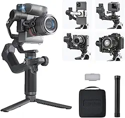 FeiyuTech Combo SCORP Mini-2: bolsa portátil + poste de fibra de carbono de 28 cm + luz de preenchimento, estabilizador de câmera de 3 eixos tudo em um, rastreador de IA integrado para câmera sem