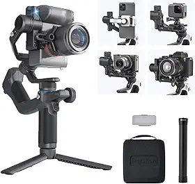 FeiyuTech Combo SCORP Mini-2: bolsa portátil + poste de fibra de carbono de 28 cm + luz de preenchimento, estabilizador de câmera de 3 eixos tudo em um, rastreador de IA integrado para câmera sem