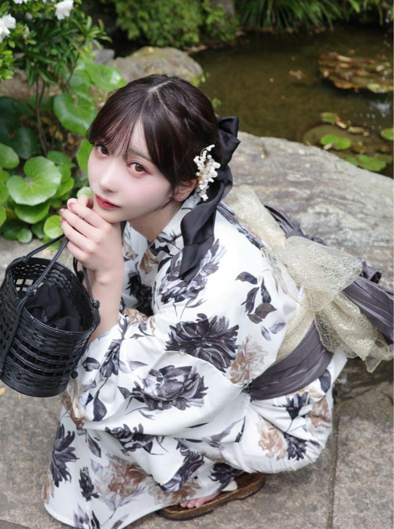 水彩フラワー浴衣セット 兵児帯 ブラック ホワイト からし色 大人花柄