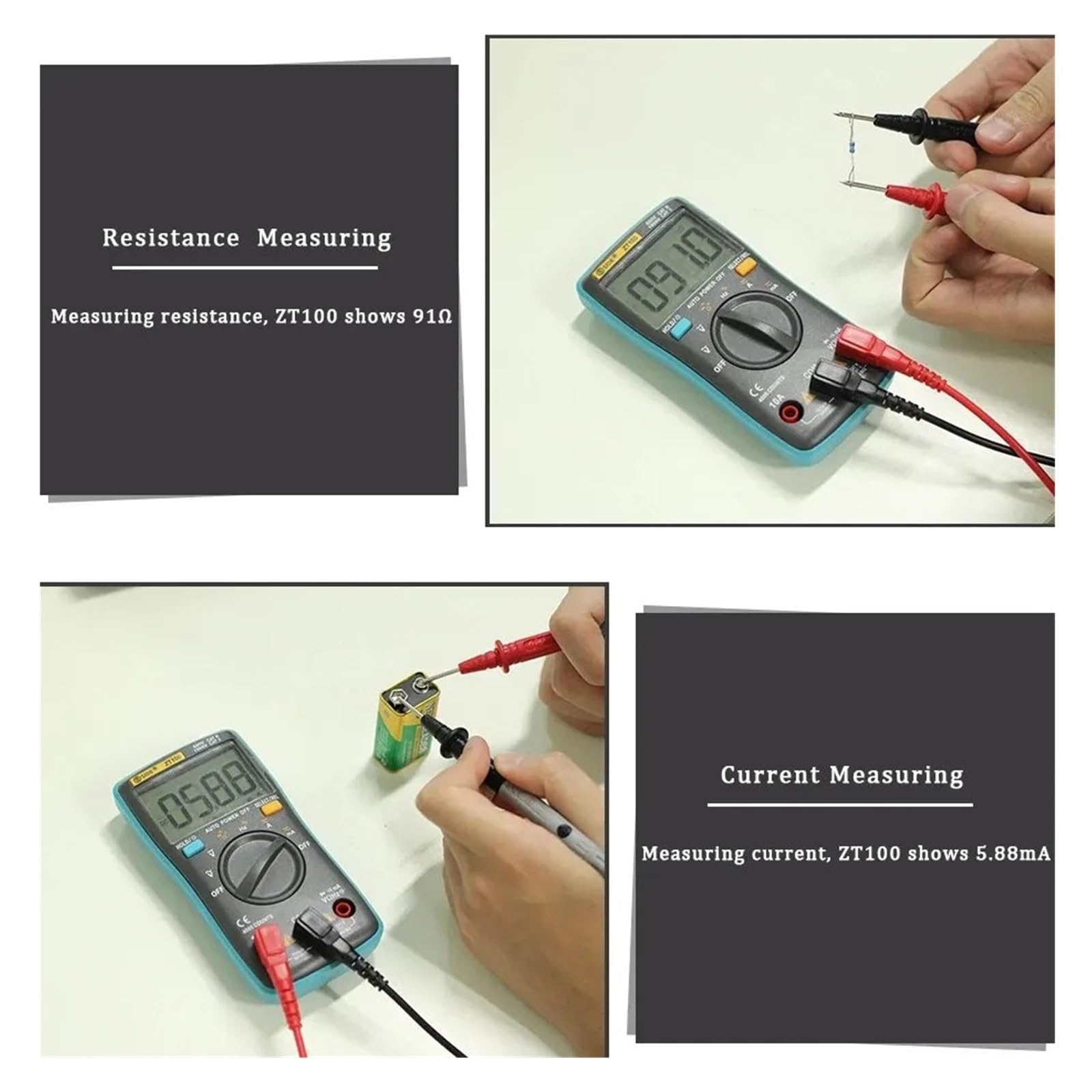 Multimetr Cyfrowy 4000 Zliczeń Napięcie DC/AC Prąd Pojemność Hz Dioda Ohm Tester Amperomierz Woltomierz Podświetlenie Szybko Dokładnie Łatwy Odczyt(ZT100 with T1101)