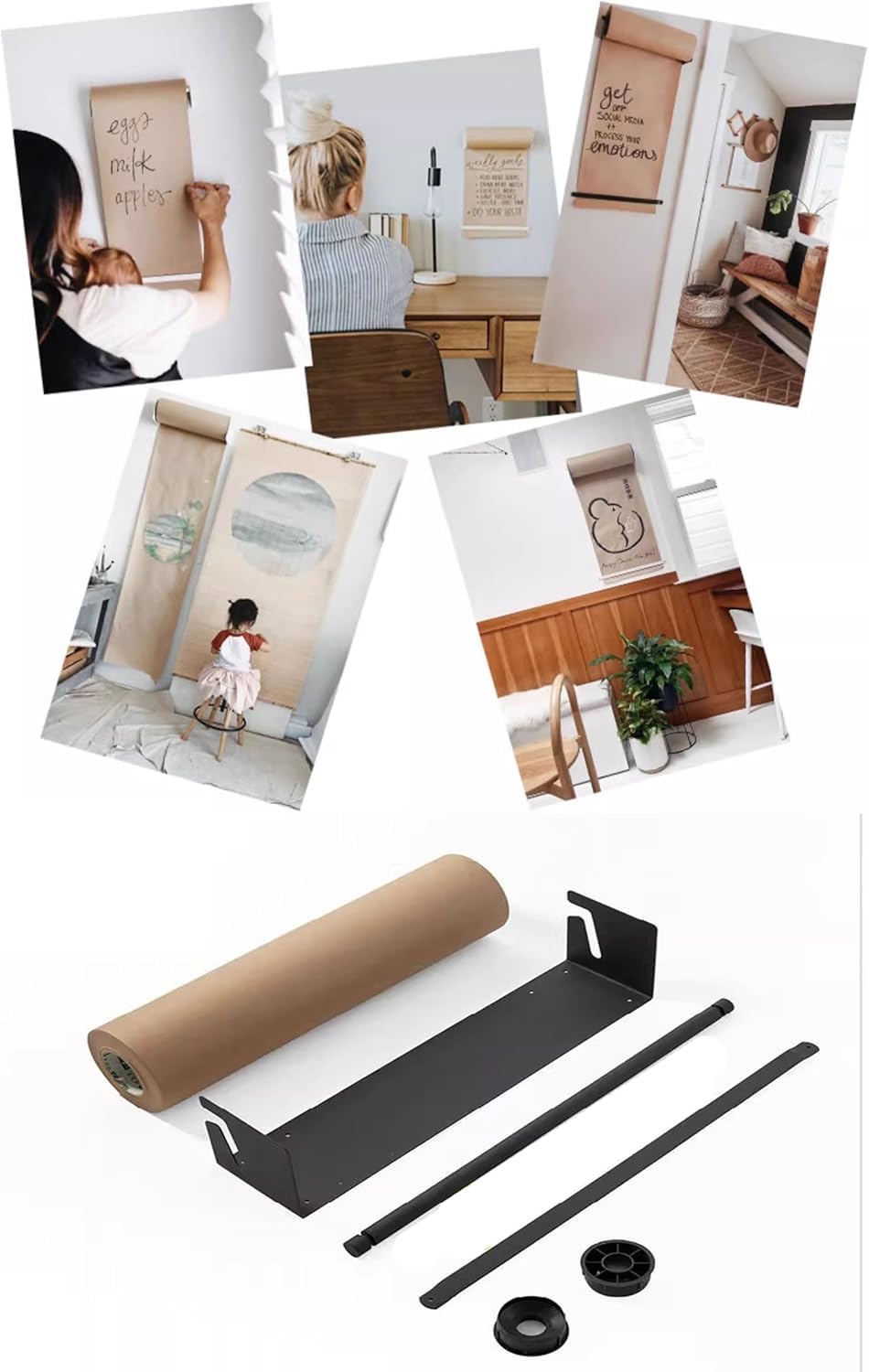 Uchwyt na rolkę papieru kraft do montażu na ścianie, uchwyt na rolkę papieru kraft do rysowania, dozownik rolek papieru(Nero,37CM)
