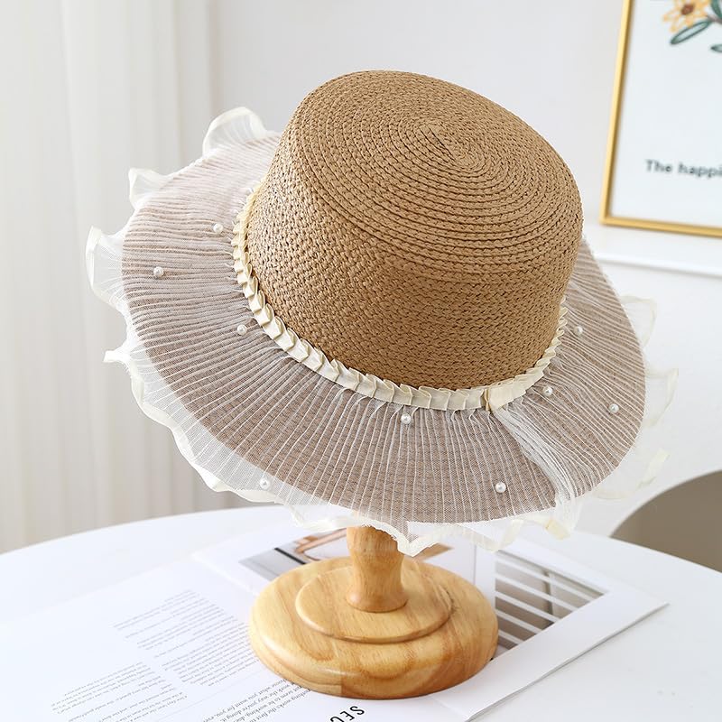 Sombrero de Paja de ala Ancha Ajustable para Mujer,con Visera y Encaje de Perla,Protección UV,Cómodo y Transpirable, Playa y Actividades Al Aire Libre
