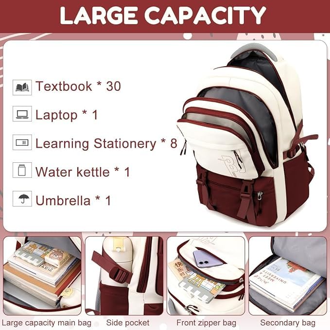 Image of Backpack Bag for Women with Matching Zipper Pouch, 18.1 Inch College Laptop Backpack, Multi-Compartment Bookbag for School, Office, Travel, Camping & Everyday Carry, White & Maroon