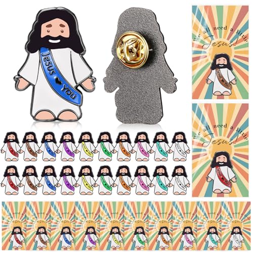 Image of Landical 24 Set Jesus Pins Bulk with Blessing Cards, Christian Enamel Lapel Pin Gift in Bulk Jesus Brooch for Women Men Religious Party Favors for Sunday School Church Gift(10 Colors + Shine Style)