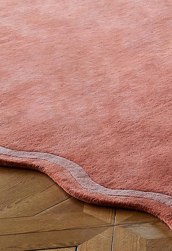 Image of Hand-Tufted Wool Area Rug - 7x11 Ft, Solid Coral Pink Scalloped Edge Rug with Elegant Border, Soft Plush Handmade Wool Carpet for Hallway, Living Room, Bedroom, Nursery & Home Decor