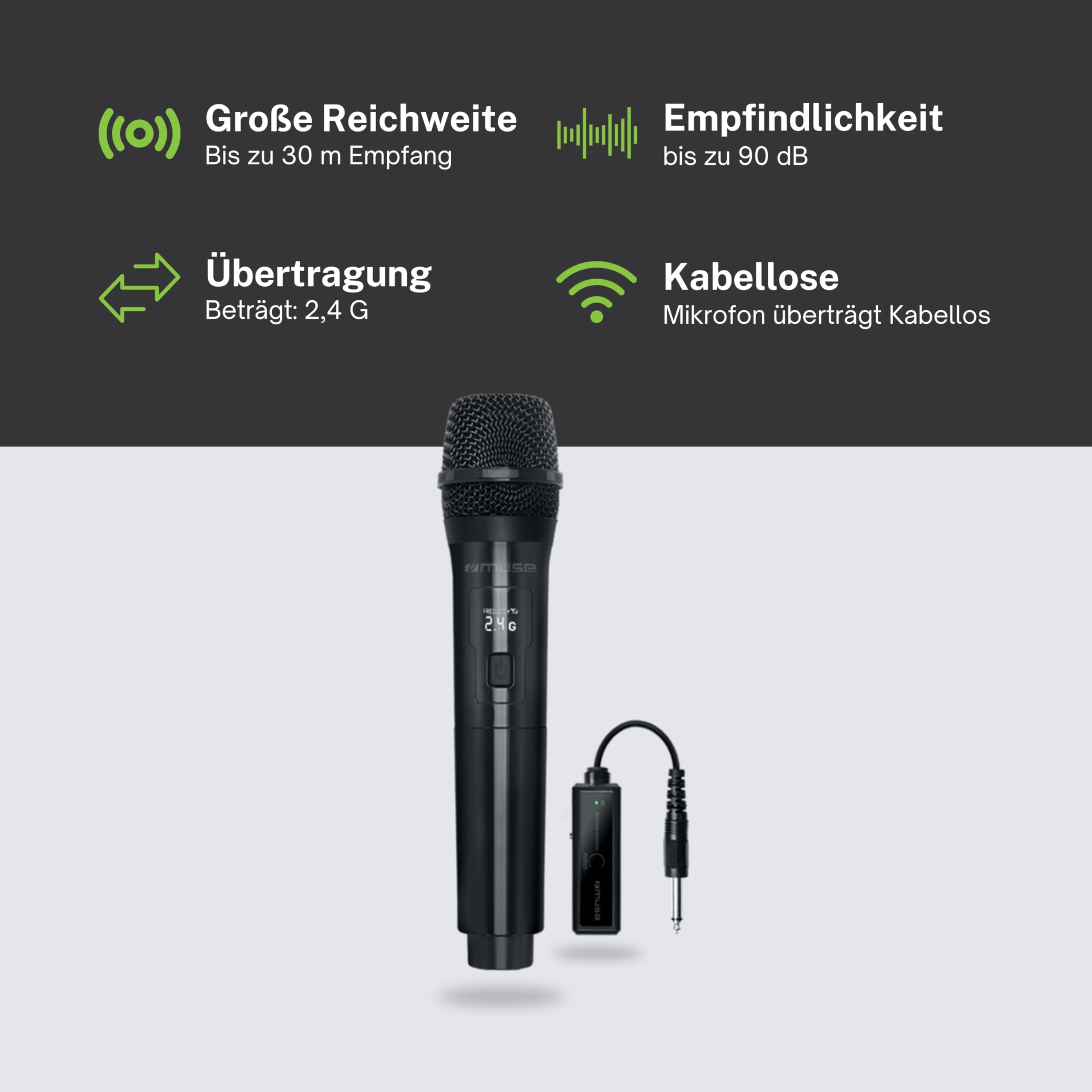 MUSE Drahtloses Mikrofon mit LED-Display - Hochfrequente Übertragung, hohe Empfindlichkeit - USB-Ladeports, wiederaufladbare Lithium-Ionen-Batterie