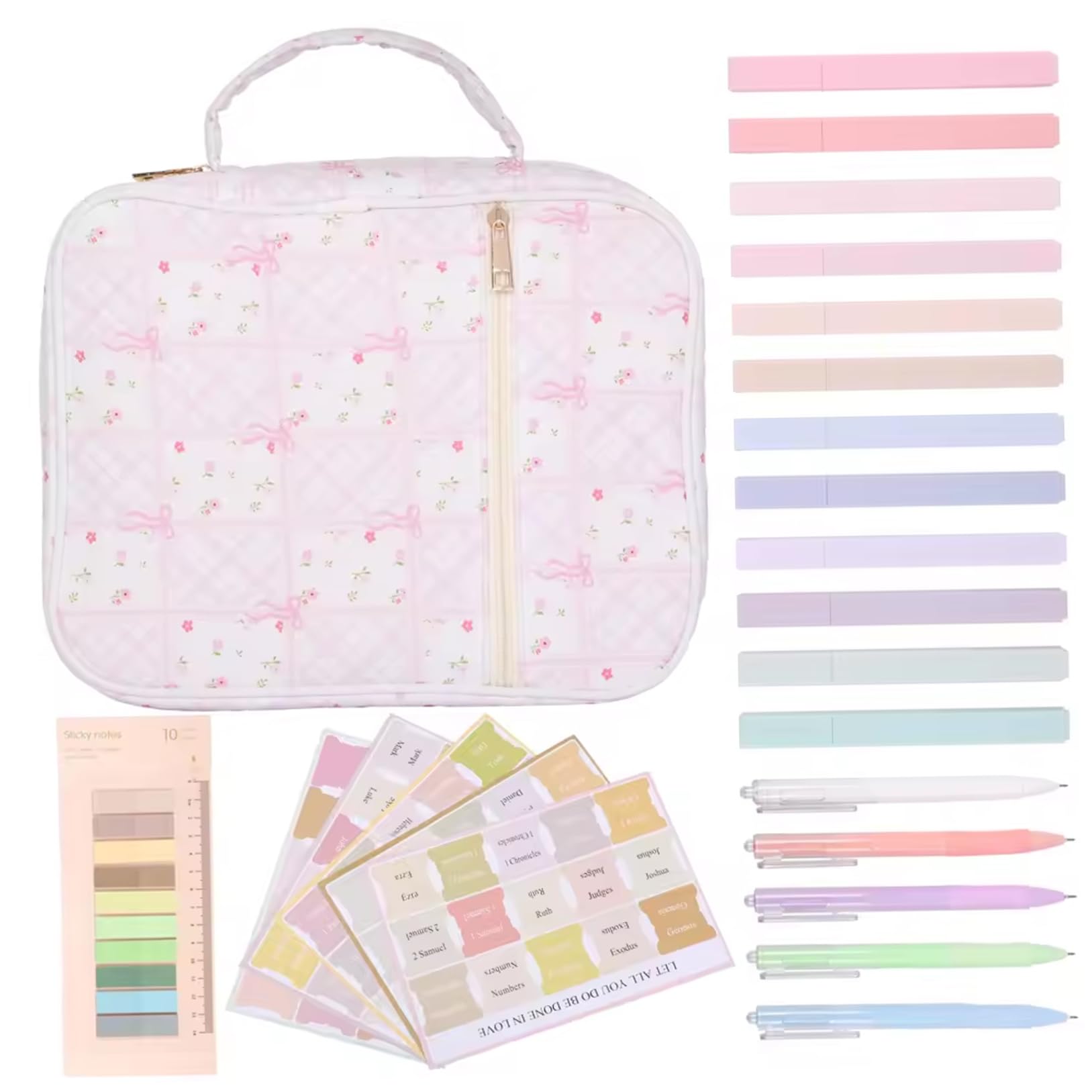 Bible Case for Women Large Capacity Bible Kit with Tabs Pens Sticky Notes Highlighters Bibles Study Kit with Handle, Style 2
