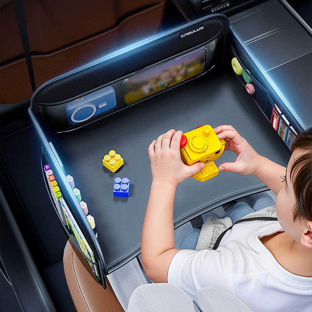 Tavolo da pranzo portatile per bambini con schienale per seggiolino auto, portafazzoletti integrato, spallacci regolabili e vassoio pieghevole, facile