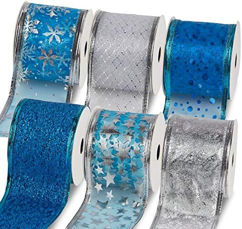 VATIN Christmas Ribbon,Wired Holiday Party Ribbons Assorted Snowflake Dot Holly Star Patterns Decorations, Swirl Sheer Glitter Ribbon 33 Metre (63mm Width x 5.5m Each Roll) -Blue/Silver
