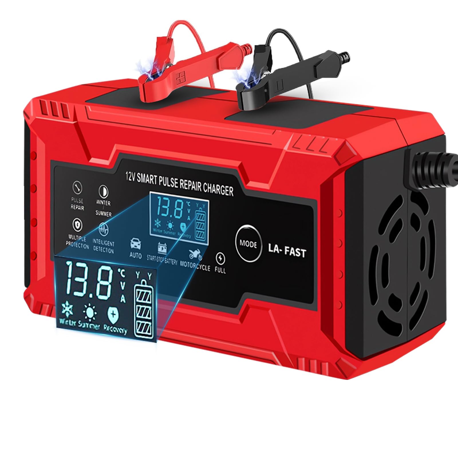 Chargeur Batterie Voiture, 6A 12V Chargeur de Batterie Intelligent avec Écran Tactile LCD, Compensation Température, Mode Réparation, pour Moto, Voiture, Tondeuse, Gazon, AGM, Gel, SLA