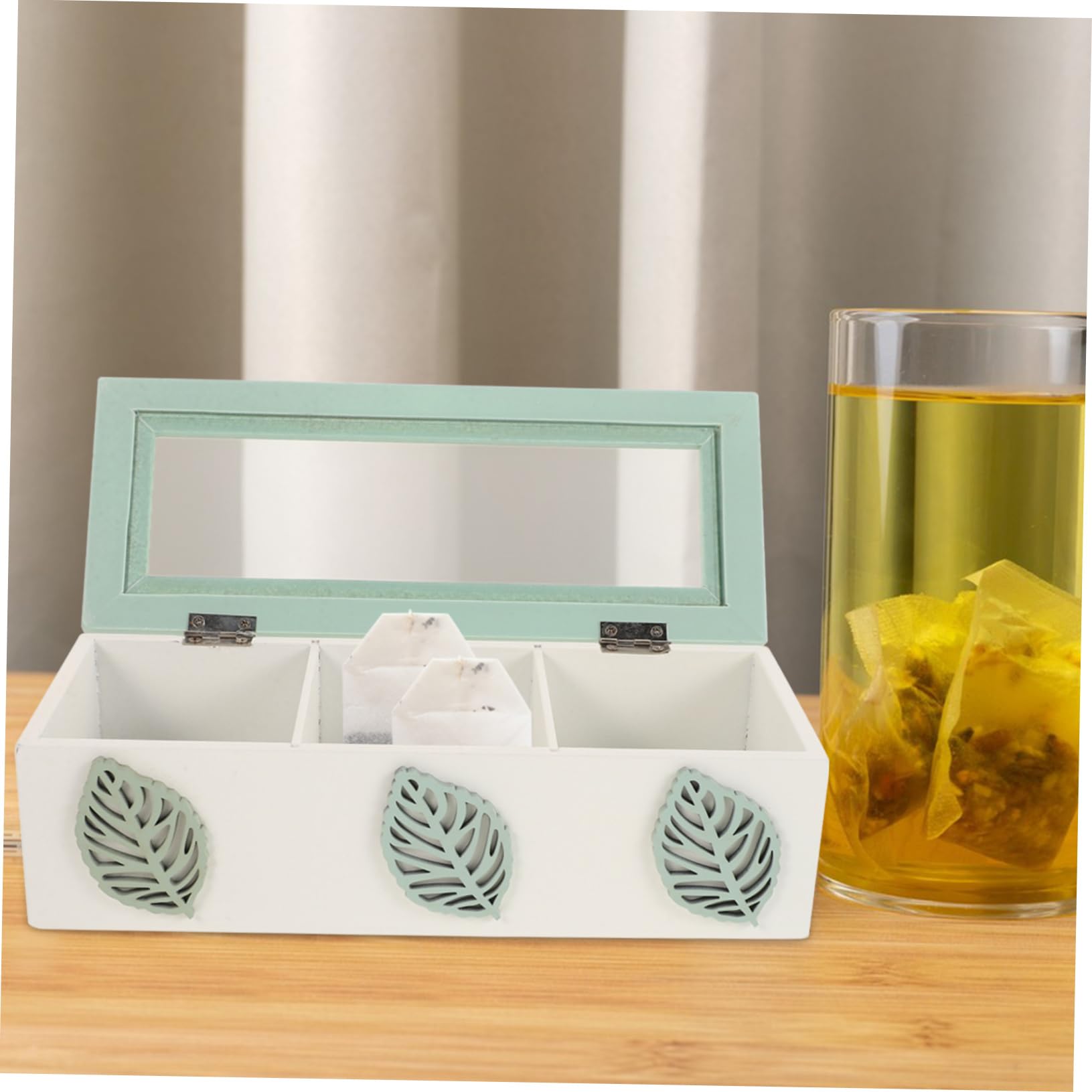Elegante Teebox mit 3 Fächern und Glasdeckel Vielseitige Aufbewahrung für Teebeutel Platzsparend und Rustikal für Arbeitsplatte im Zuhause
