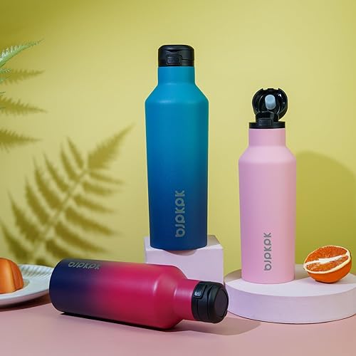 Miniatura 5 de BJPKPK Botella de agua aislada con pajilla, botellas de agua de acero inoxidable de 17 onzas con 2 tapas y asa de transporte, botella térmica de
