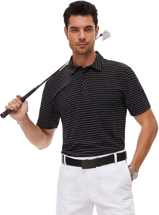 Pdbokew Men's Polo Shirts Short Sleeve Striped Golf Polo Shirt with Pocket