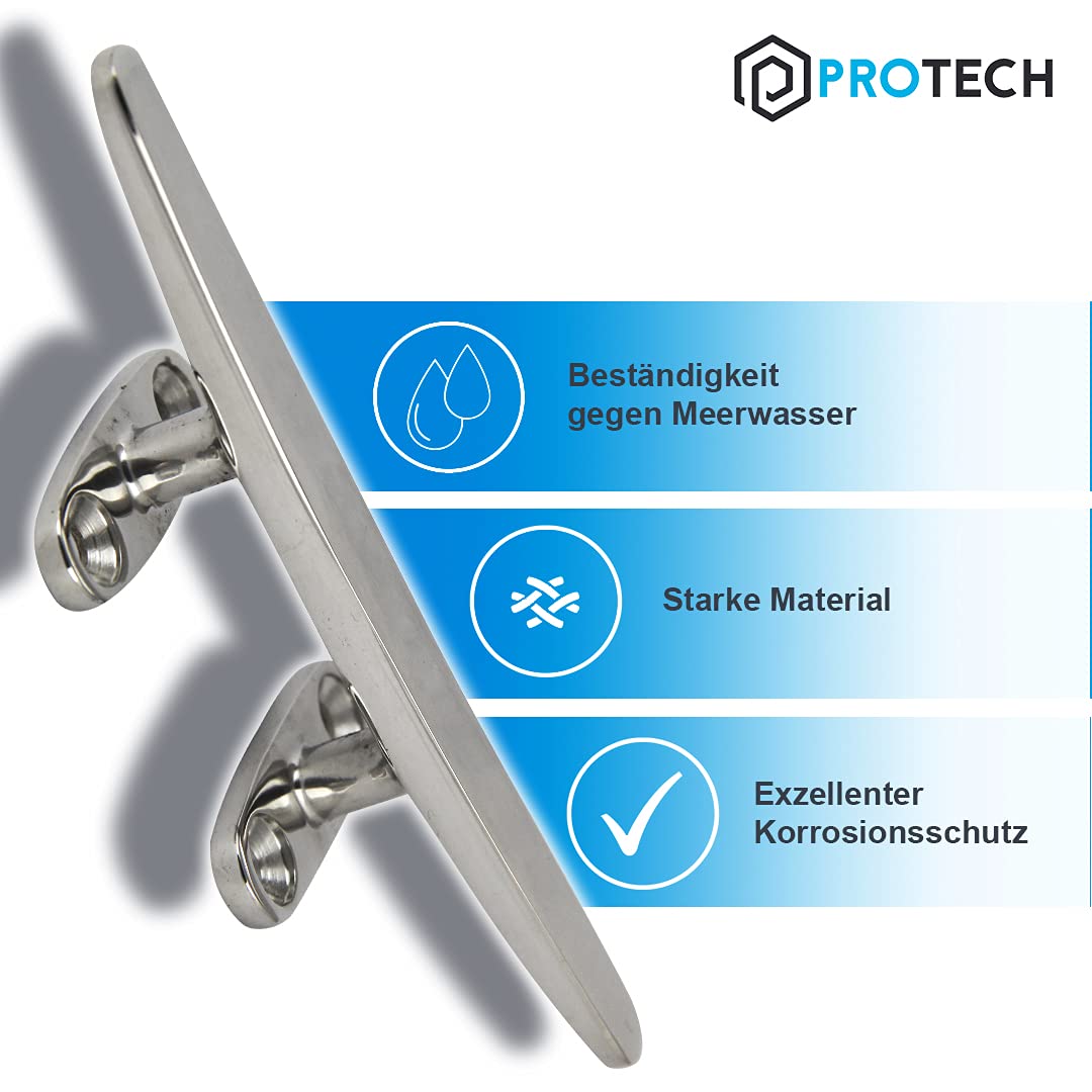 PROTECH 2 Stück Bootsklampe flach 4 löcher 250mm aus rostfreier Edelstahl A4 Festmacher V4A Klampen für Boot AISI 316 Belegklampen