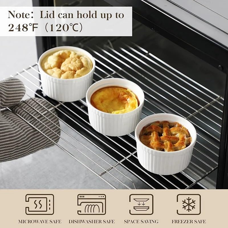 Ramequins avec couvercles 8 oz, lot de 6, ramequins à soufflé à la crème brûlée en porcelaine blanche avec couvercles, coupes à crème anglaise en céramique