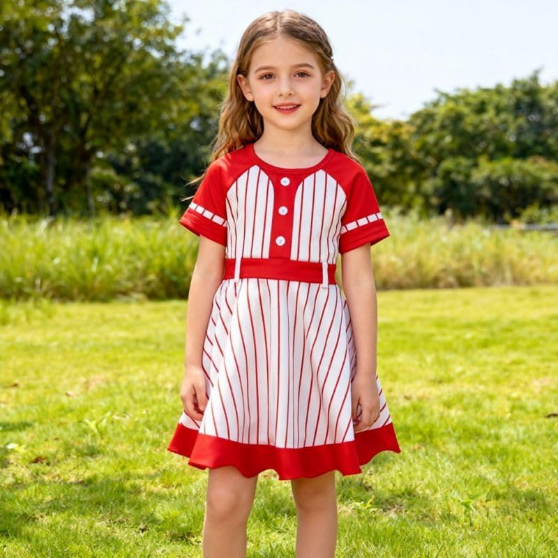 Toddler Baby Girl Dress Baseball Outfit Short Sleeve A Line Mini Striped Dresses with Belt Sports Summer Clothes
