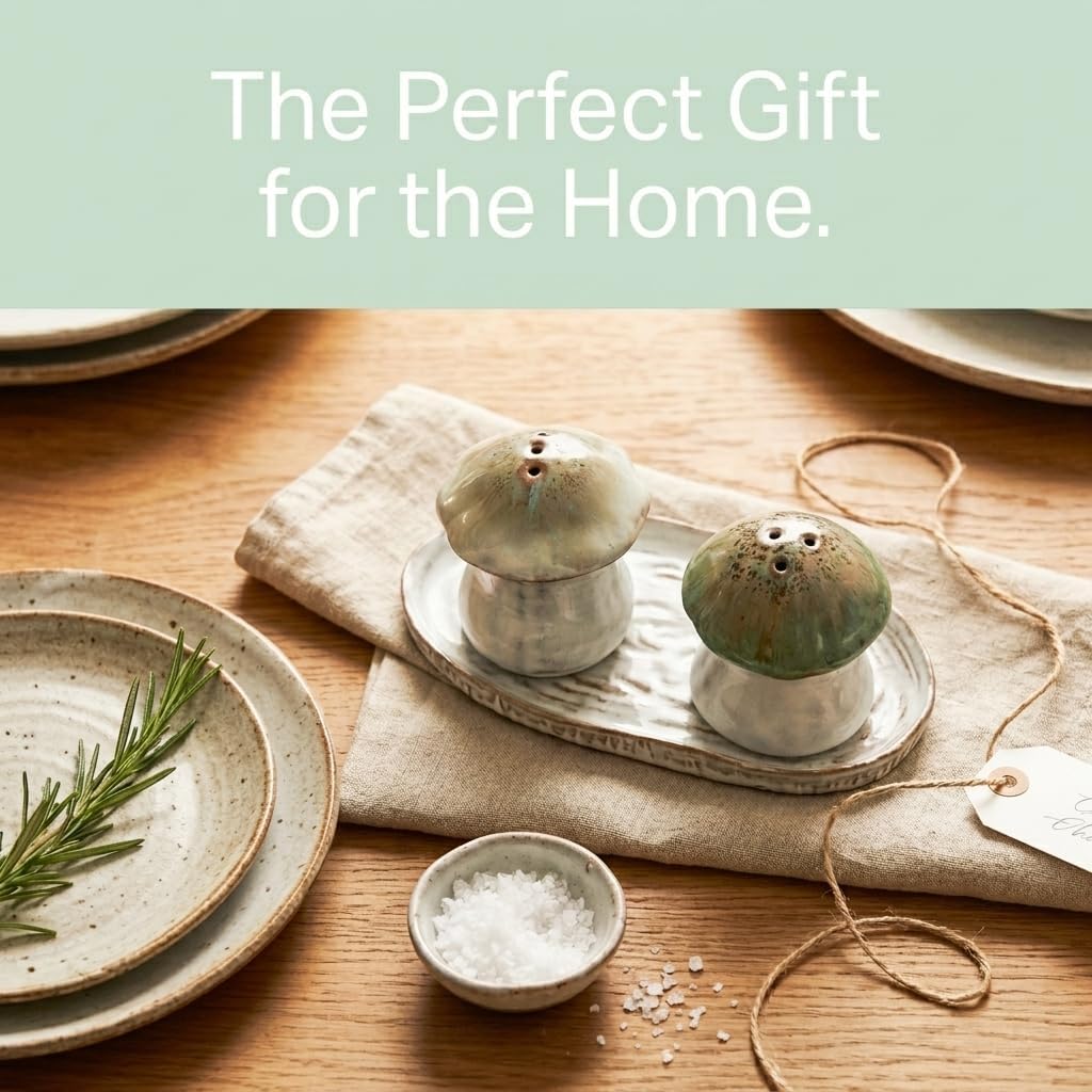 The Bridge Collection Mushroom Unique Salt and Pepper Shaker Set | Hand-Painted Stoneware Salt & Pepper Shakers with Tray Woodland Charming Kitchen & Dining Table Decor