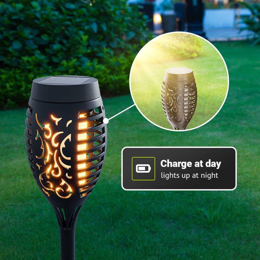 HOFTRONIC - 12er Set Avon LED Solarfackeln mit Flammeneffekt - 2200K Extra Warmweiß - IP65 Wasserdicht - Solar Flammenlicht - 50cm - Incl. Dämmerungsschalter