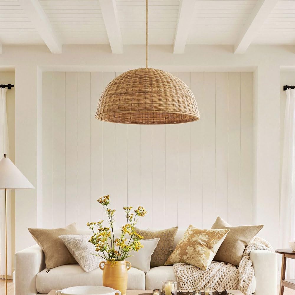 Rattan Pendant Lights, Boho Wicker Chandelier E 27 Hanging Ceiling Light Natural Weaving Lampshade Cord Adjustable Living Room Bedroom Dining Rustic Lamp Fixtures