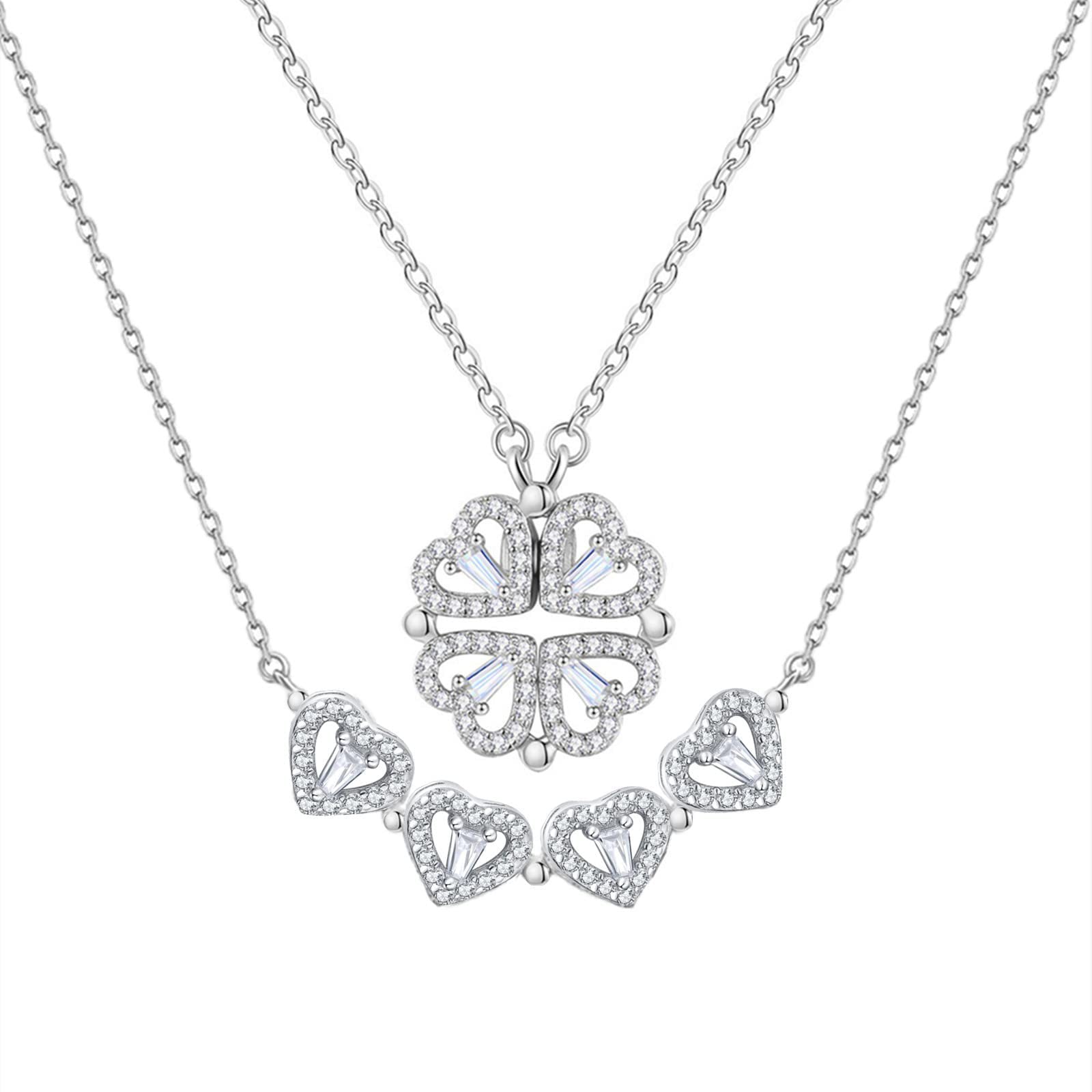 GAUEIOURFour Leaf Clover Necklace,Silver Heart Shape Pendant Fourleaf Grass Pendant,Full Diamond Love and Love Magnetic Attraction Combination Necklace,One Style,Two Wearing Methods