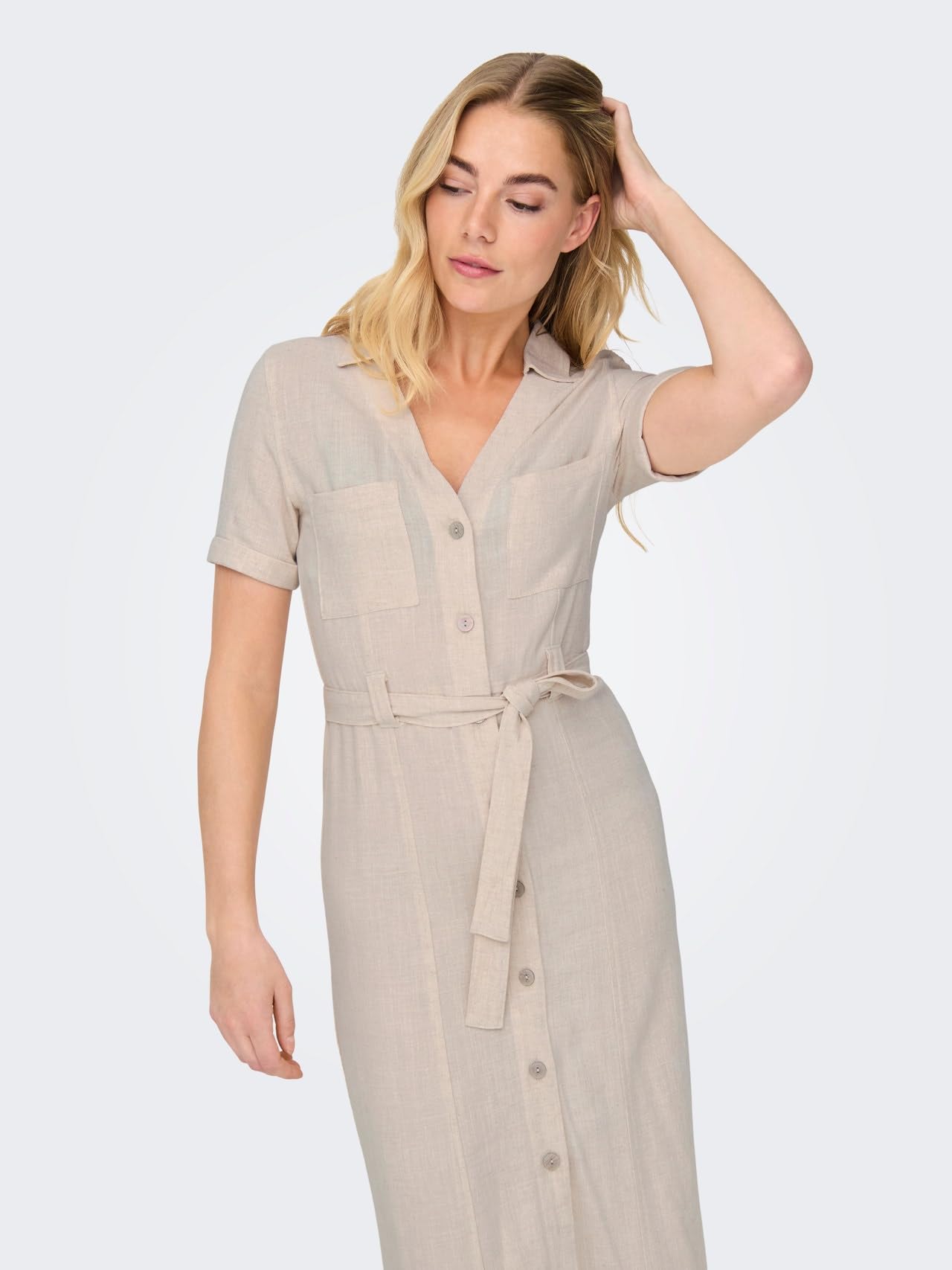 ONLY ONLSIESTA SS Lin BL Shirt Dress PNT Noos Femme Robe mi-Longue Beige 80% Viscose, 20% Lin