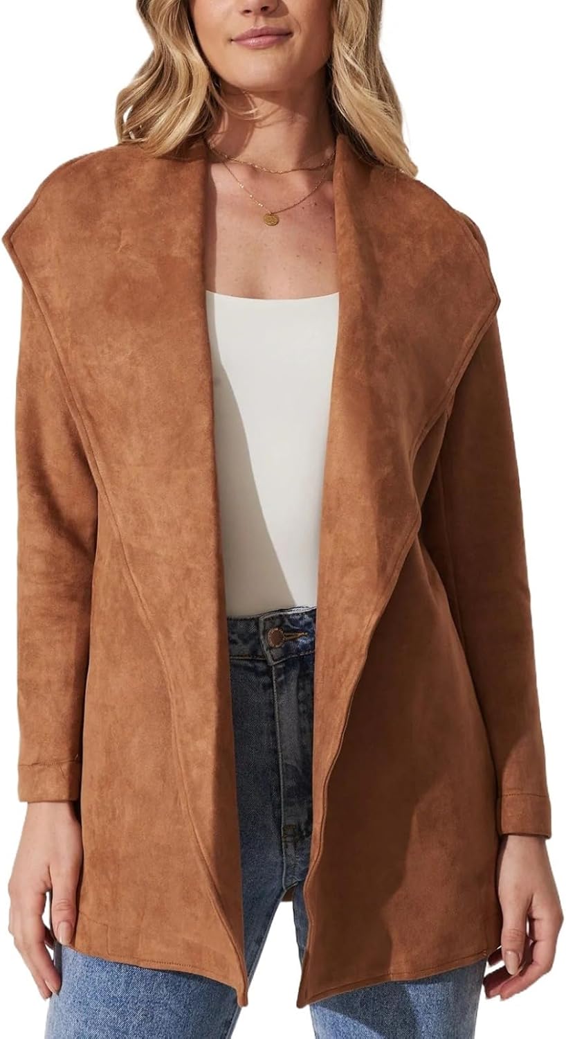 KIRYU Women's Faux Suede Belted Blazer Shawl Collar Open Front Wrap Coat Chic Mid-Length Outerwear Dressy Casual Jacket