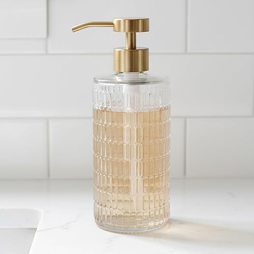 Miniatura 4 de Lunestella Elegante dispensador de vidrio estriado con bomba de acero inoxidable, 17 onzas, botella decorativa para baño y cocina (dorado)