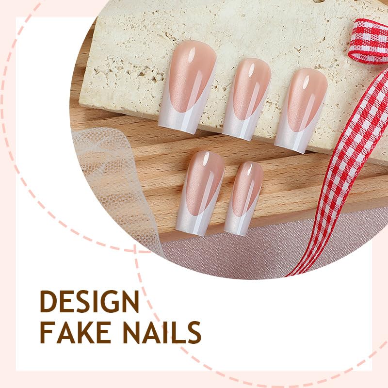 French Tip Press On Nails - Glossy Cat Eye Design