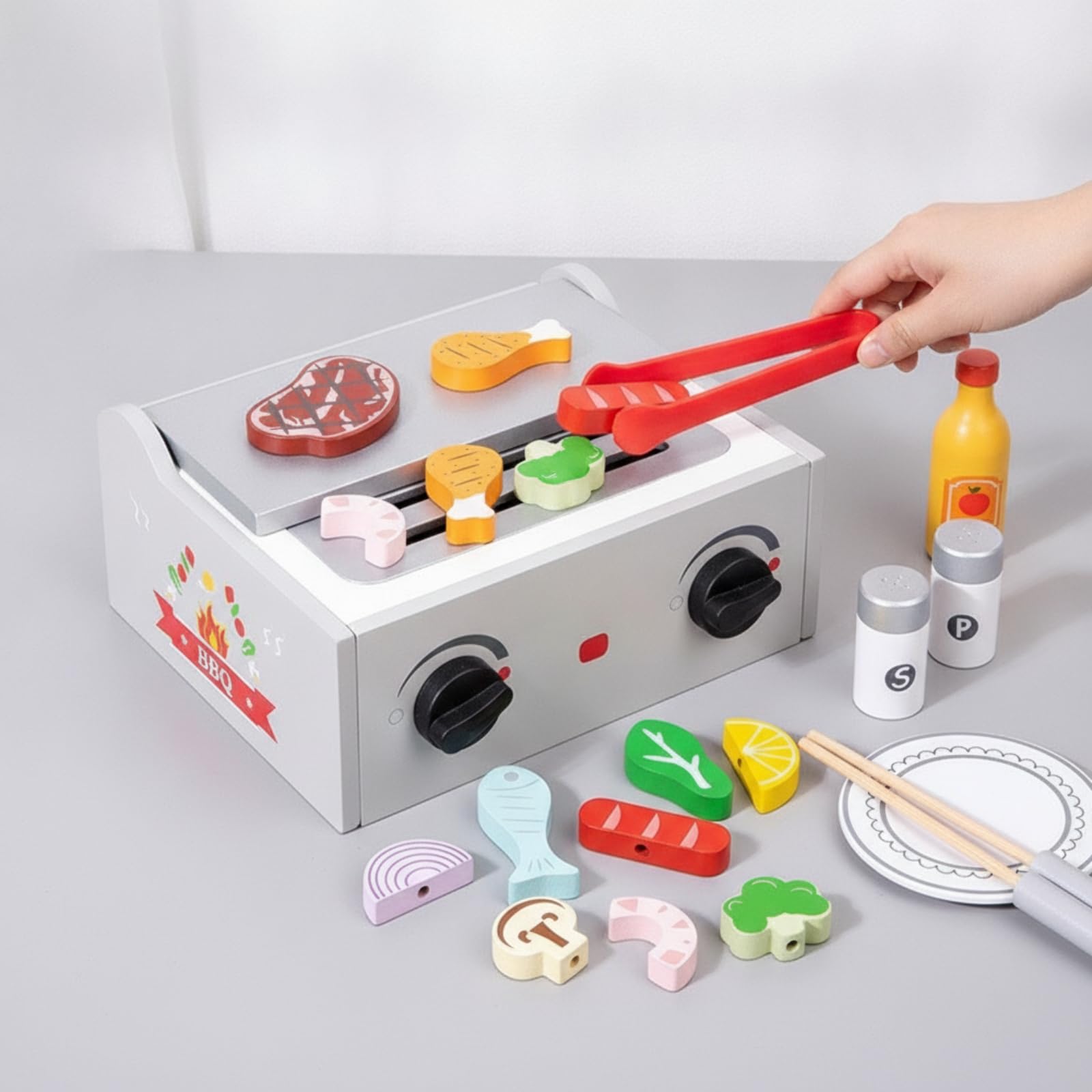 kowaku Barbecue Giocattolo in Legno Barbecue Giocattolo con Accessori da Tavolo Gioco di Ruolo per Bambine, Scuola Dell'infanzia