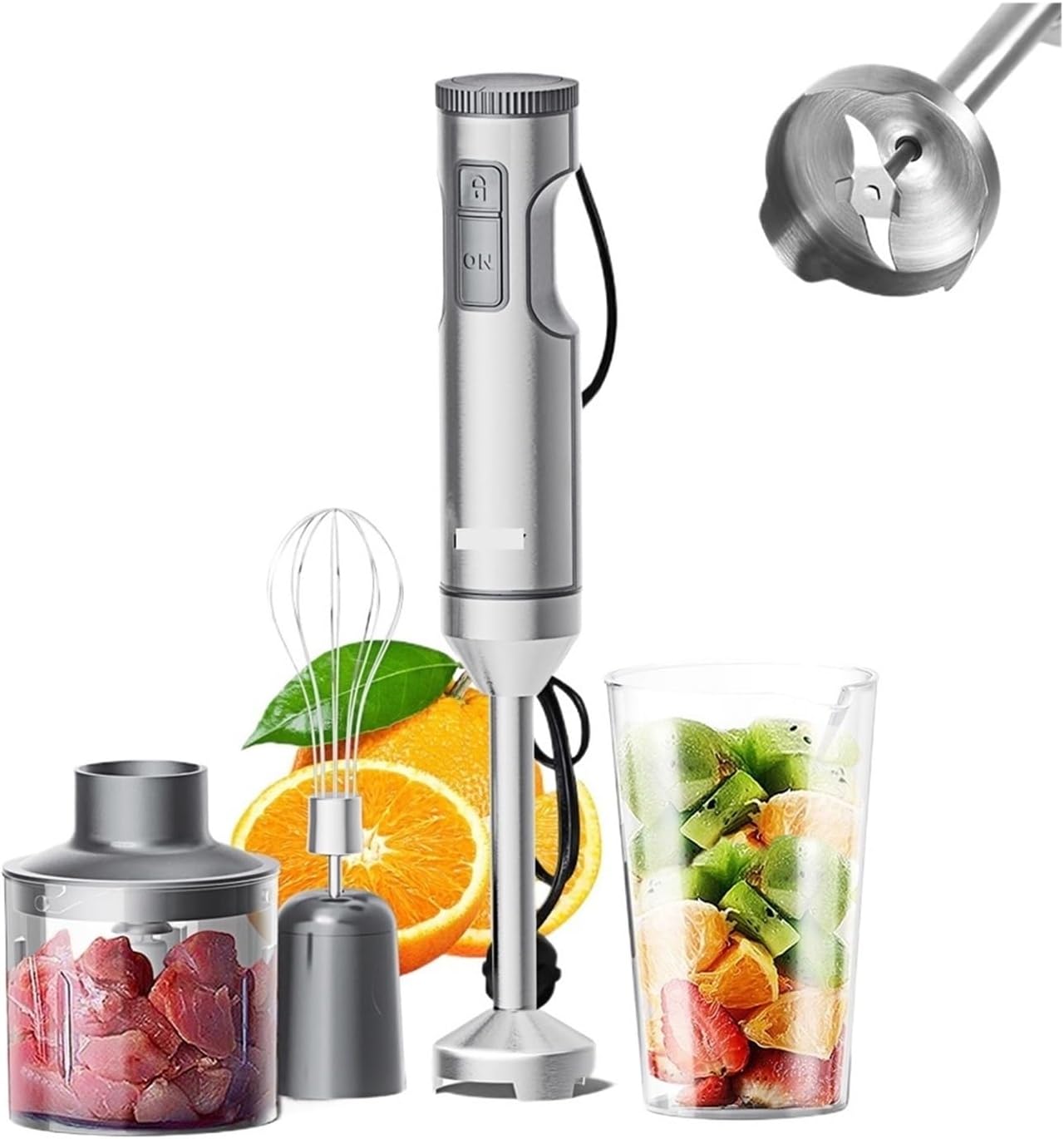 Hand Immersion Blender Powerful 4-in-1,Stainless Steel Stick Food Mixer,700ml Mixing Beaker,500ml Processor,Whisk(US)