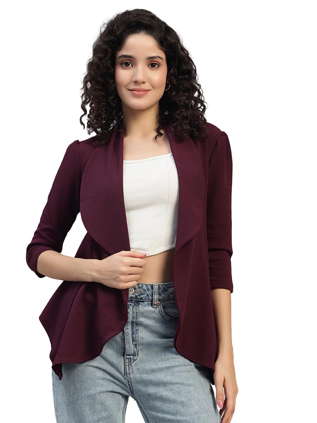 Cotton Blend Women's Single Breasted Relaxed Fit Shawl Collar 3/4 Sleeve Blazer-image-23