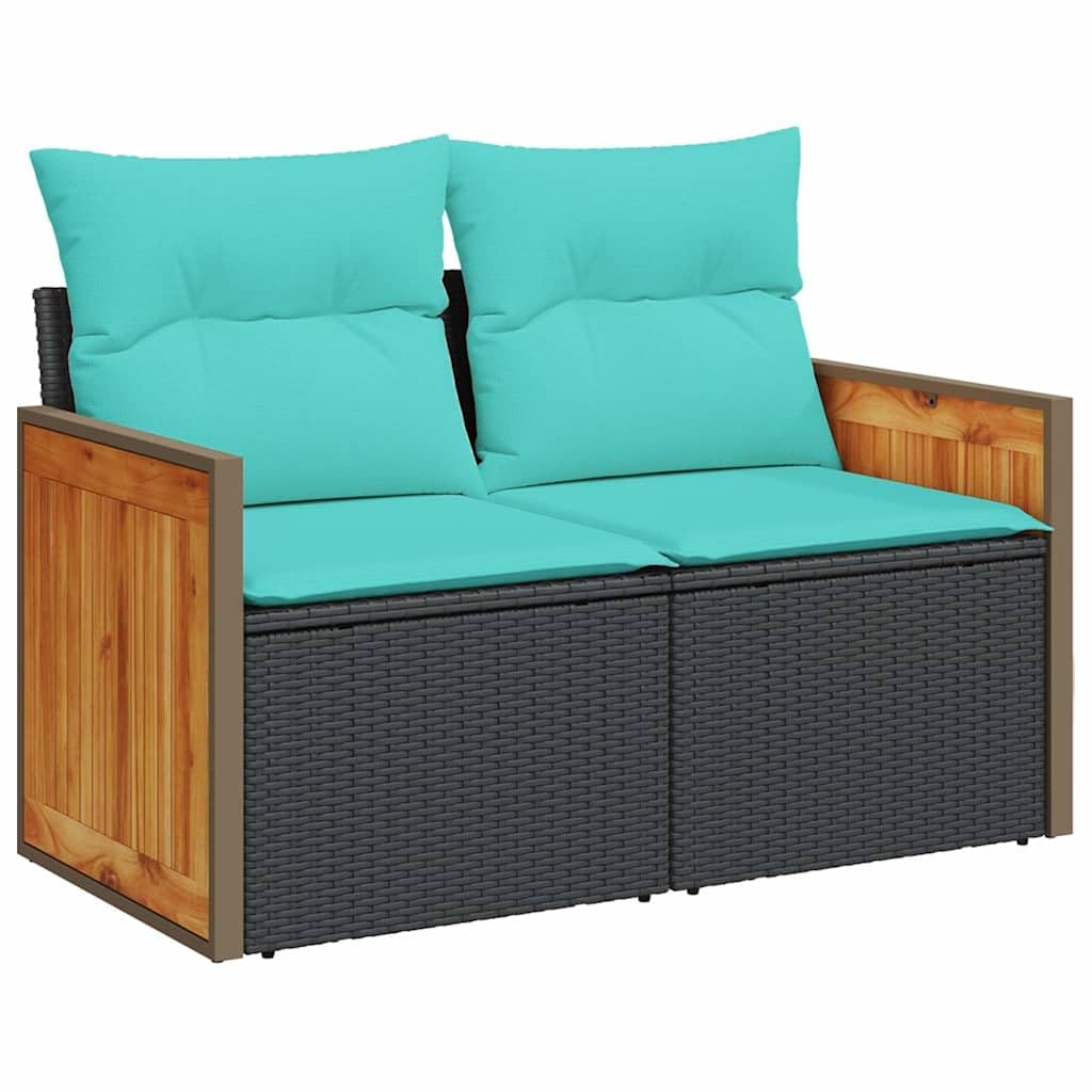 Set Divani da Giardino 5 pz in Rattan PE Nero con Tavolo Acacia | Salotto componibile da esterno per terrazzo e patio con cuscini sfoderabili e piano in legno per momenti di relax.