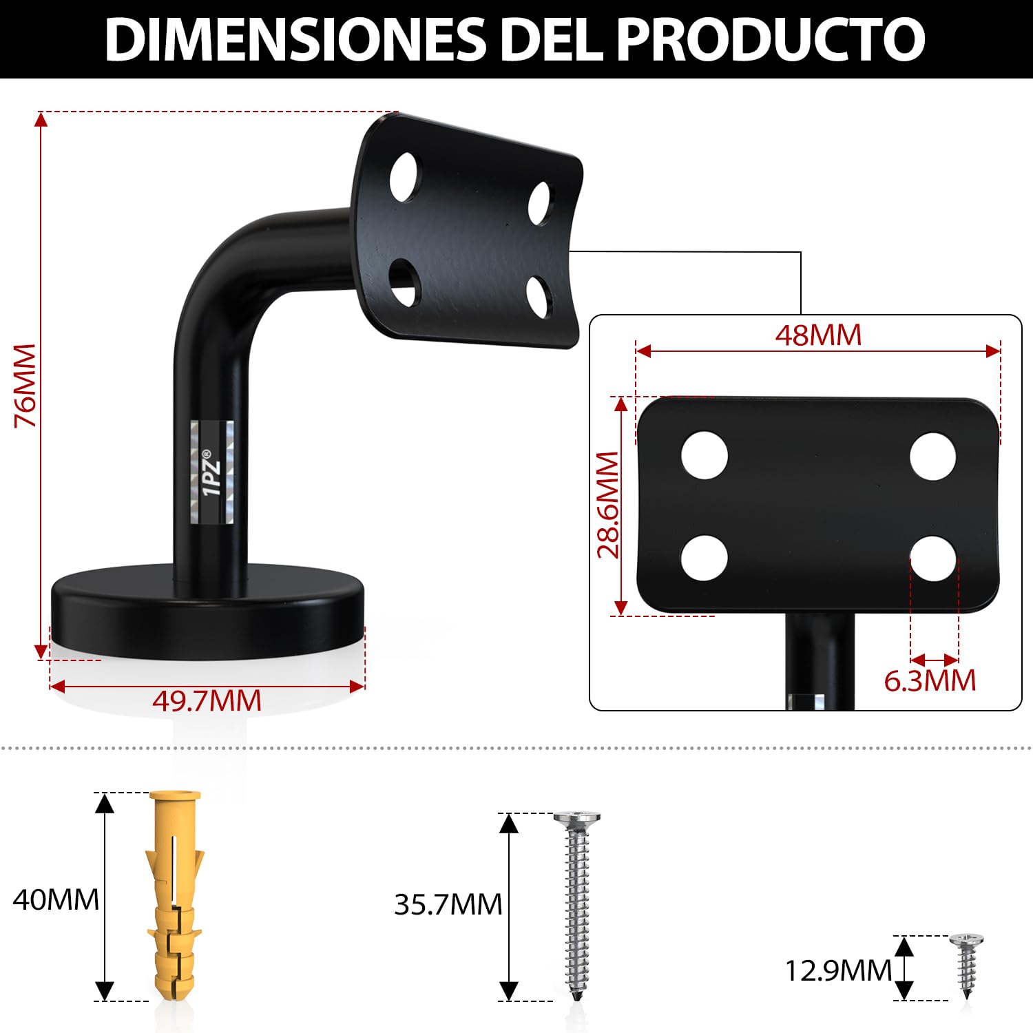 1PZ FR6-HB5 - Juego de 5 soportes para pasamanos de escalera de acero inoxidable (fijación de barandilla sólida), color negro