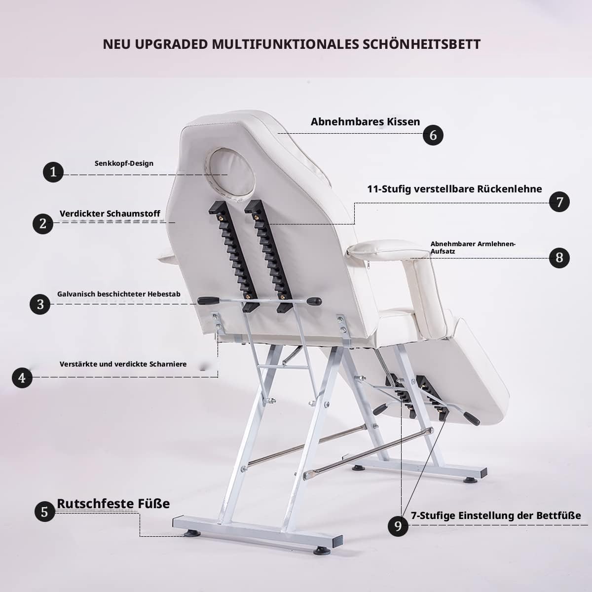 Schwarz Klappbar Massagelieg Tattooliege Kosmetikstuhl höhenverstellbare Massageliege Zubehör Removable Armrests Headrest Hocker & Bettwäsche (Schwarz)