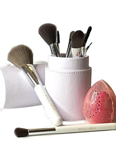 Miniatura 1 de Juego de brochas de maquillaje profesional 12 piezas con estuche de cuero PU (blanco y plateado)