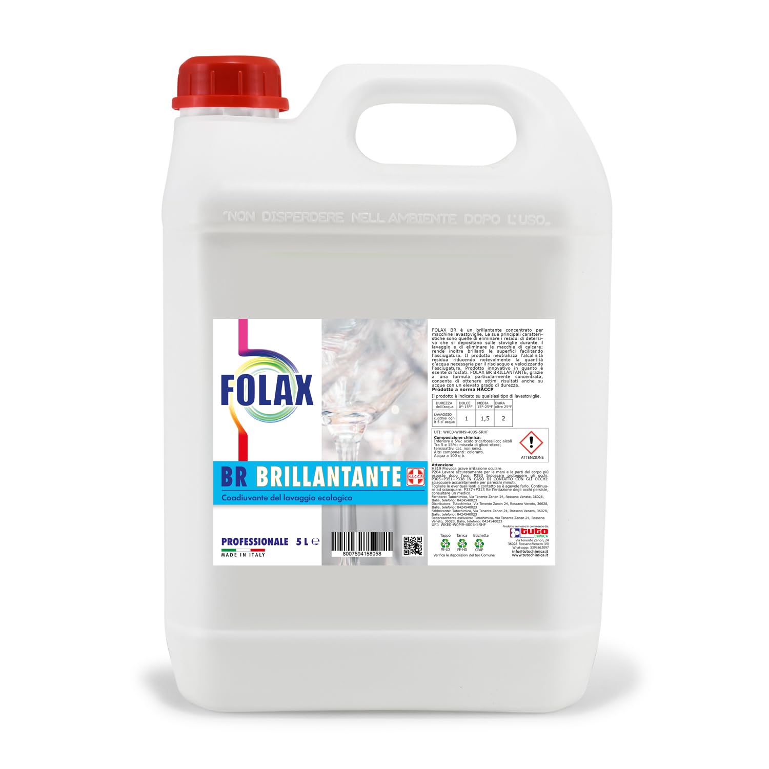 Brillantante Lavastoviglie Professionale, Additivo Lavastoviglie, Pulizia Rigenerante, Anticalcare, Detergente Industriale, Ho.Re.Ca., HACCP. FOLAX BRILLANTANTE LAVASTOVIGLIE LT 5