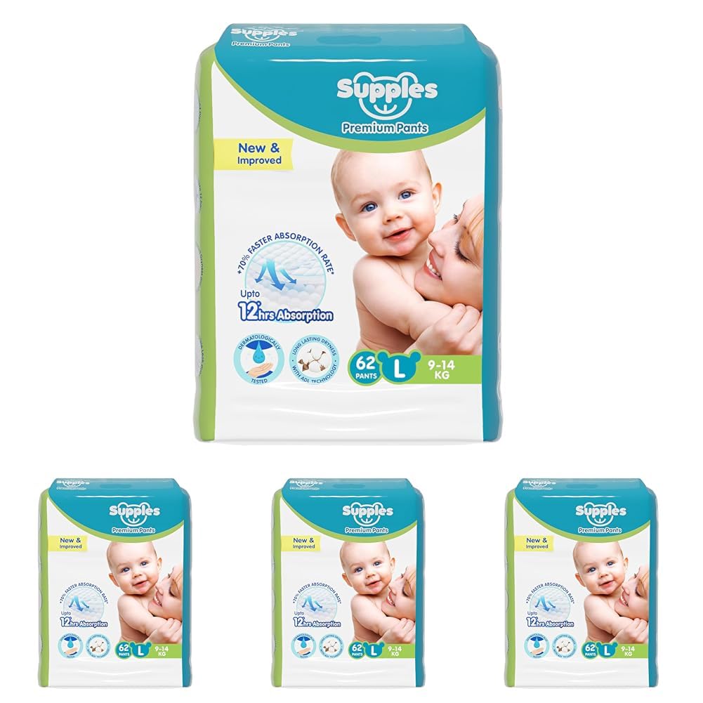 Amazon Brand - Supples Premium Baby Diaper Pants | 62 Baby Diapers | Large | 9-14 Kg | 12 Hrs Absorption | Cushiony Cotton Soft Fabric | Phthalates-Free | Triple Leak Guard (Pack of 4)-image-44
