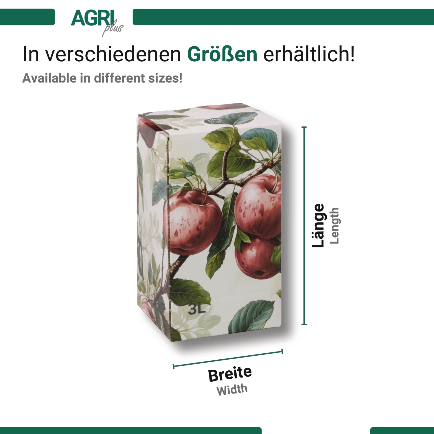 AGRI plus Bag-in-Box-Beutel mit Karton I 3 Liter I 50 Stück I Hochwertiges Saftbeutel-Set mit Rote-Äpfel-Motiv I Bis zu 40 x wiederverwendbar I Standboden-Beutel für Apfelsaft, Saft & Wein