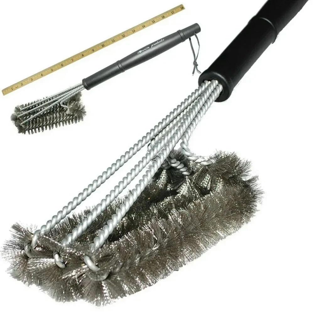 DYRBF 3-głowicowa szczotka druciana 360 stopni, długi uchwyt 45 cm, włosie ze stali nierdzewnej, odporny na wysokie temperatury, nadaje się do mycia w zmywarce, wytrzymała szczotka do czyszczenia