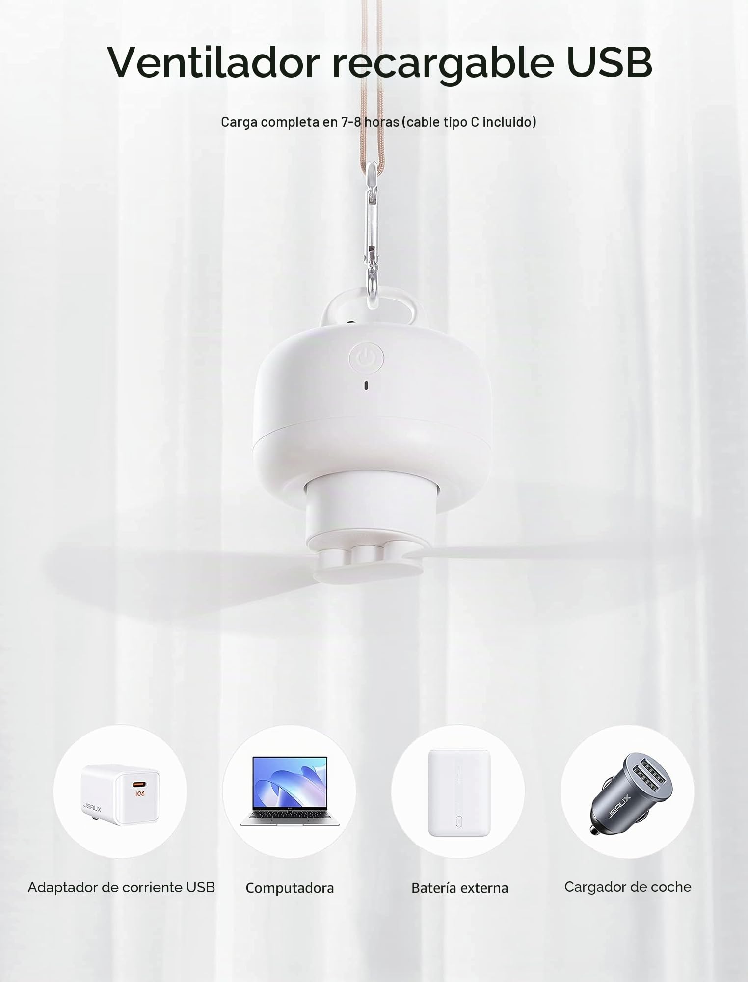 JISULIFE 8000mAh Ventilador de camping con pilas, USB recargable con control remoto, aspas de ventilador extraíbles, gancho para colgar, temporizador, 4 velocidades para exteriores-blanco